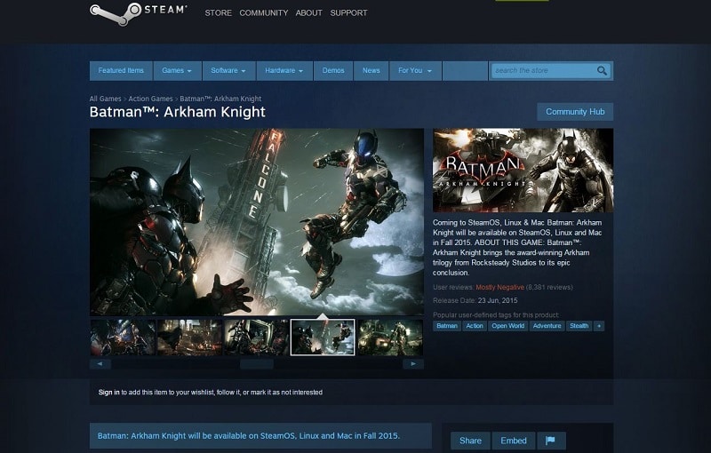 Batman Arkham Knight Warern bros Steam Page Sales Stopped