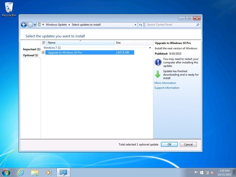 Microsoft Windows 10 Upgrade Selected by default