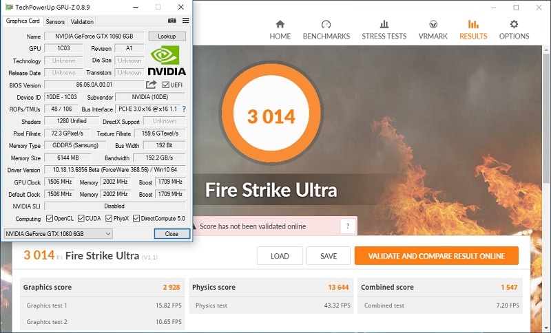 Nvidia GTX 1060 3DMark Fire Strike Ultra
