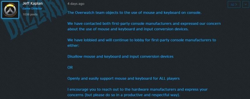 Blizzard Call For Overwatch Mouse And Keyboard Ban On ...