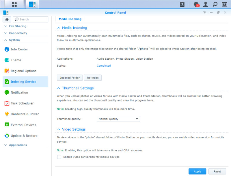 Synology DSM SS04 Settings indexing