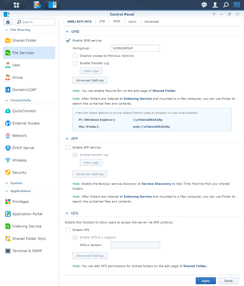 Synology DS1618p SS file services