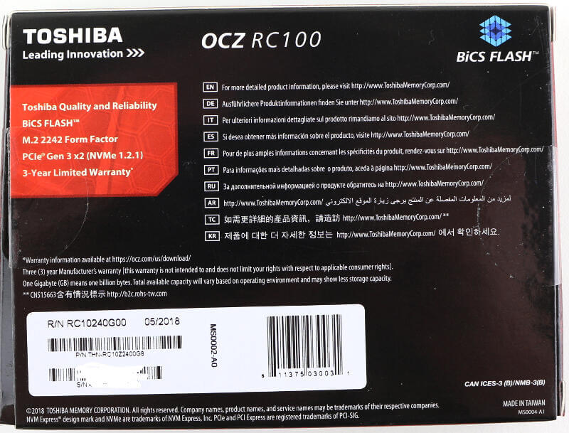 Toshiba OCZ RC100 240GB Photo box rear