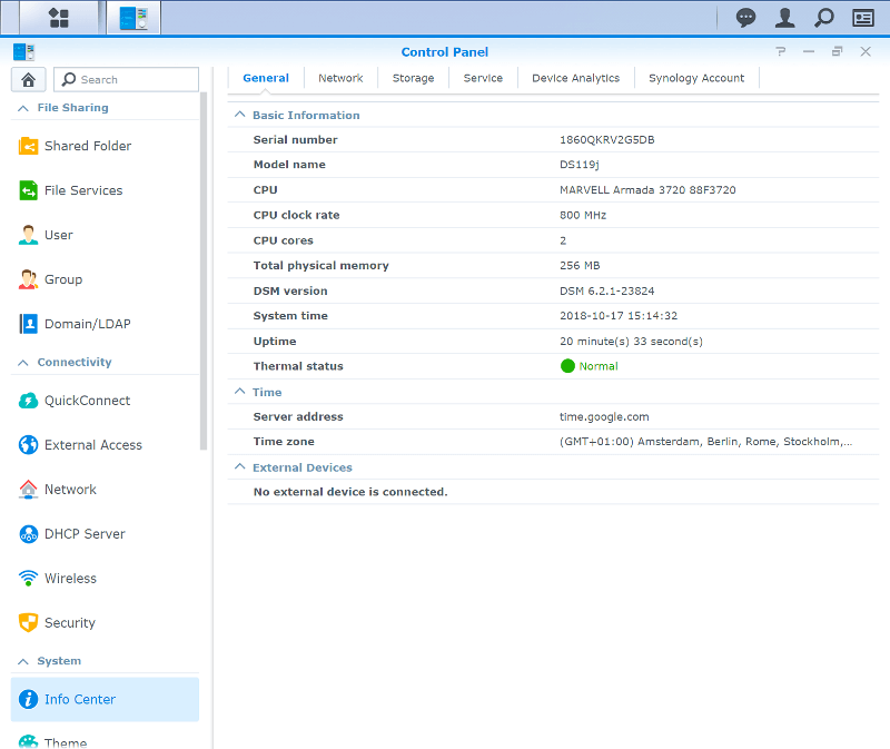 Synology DS119j SS control panel 2