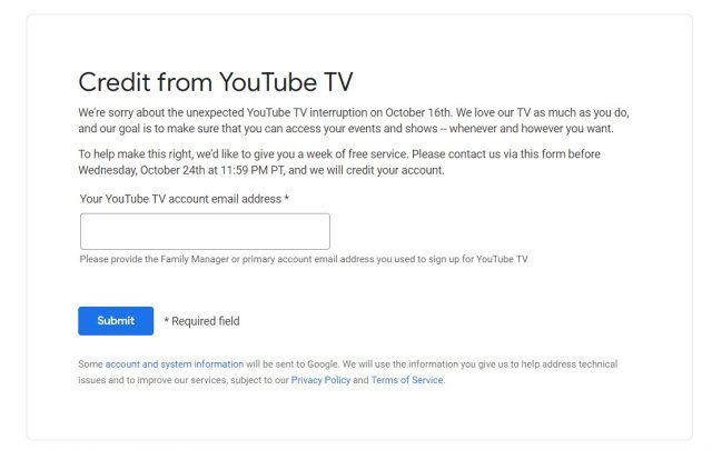 Google Offers Free Week Credit for YouTube TV Outage