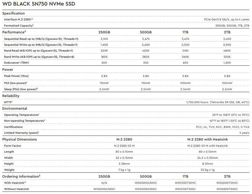WD Black SN750 1TB SS specs