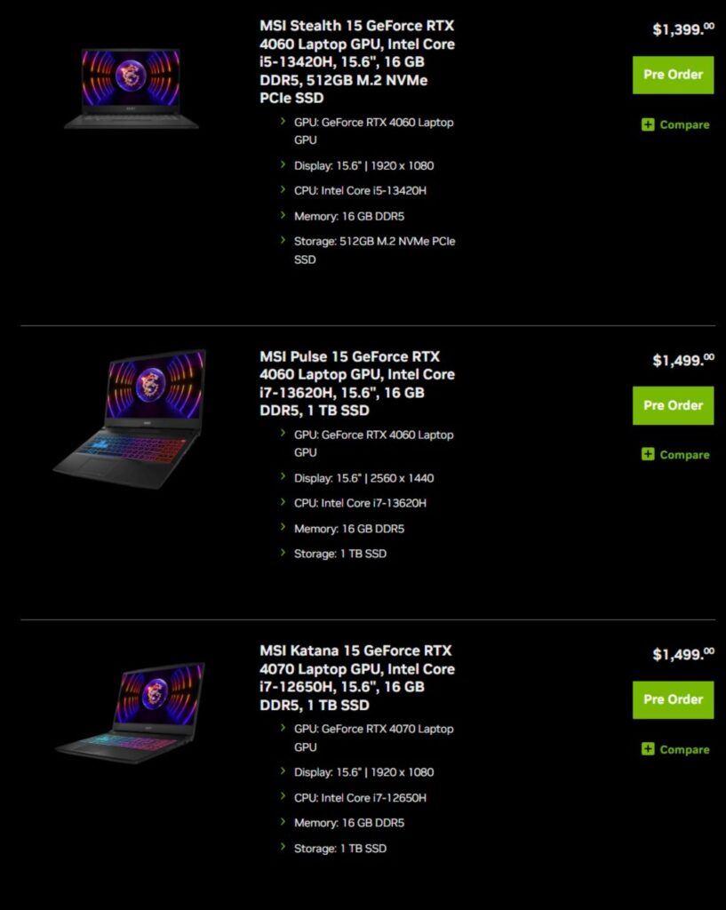 GeForce RTX 4070,4060 and 4050 Laptop Pre-Orders Now Available